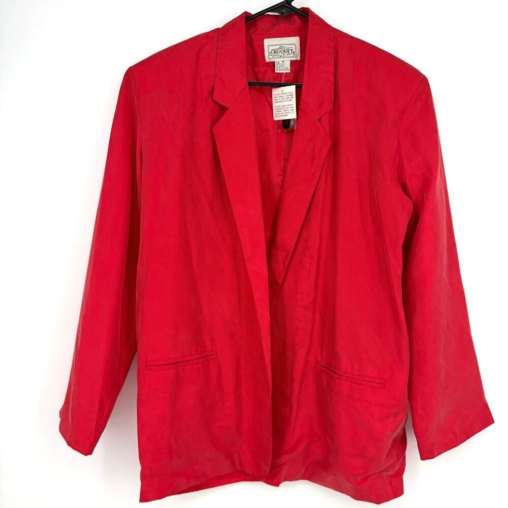 Croquet Club Vintage Women’s Red Shoulder Pads 100% Silk Blazer Size Medium